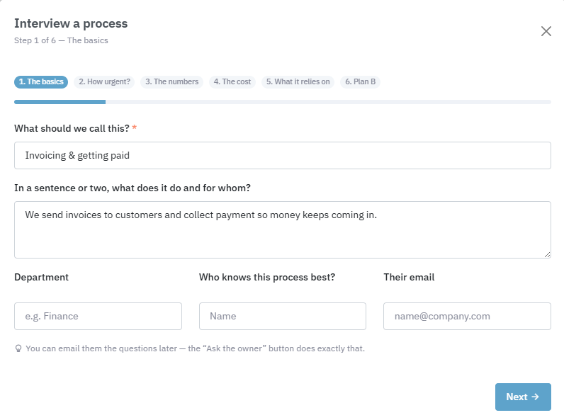 The plain-language Business Impact Assessment interview wizard
