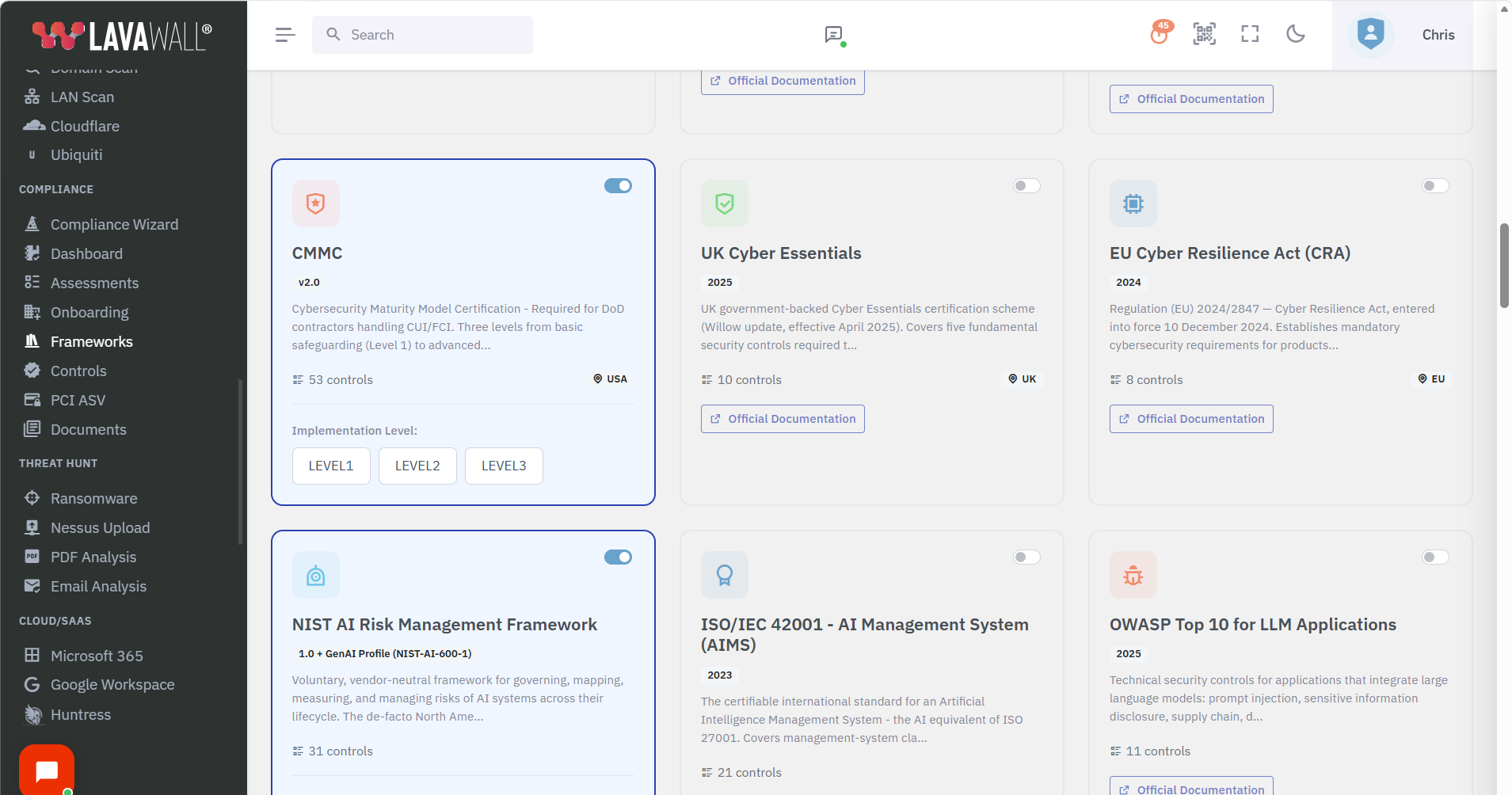 CMMC 2.0 selected among the compliance frameworks in the Lavawall console