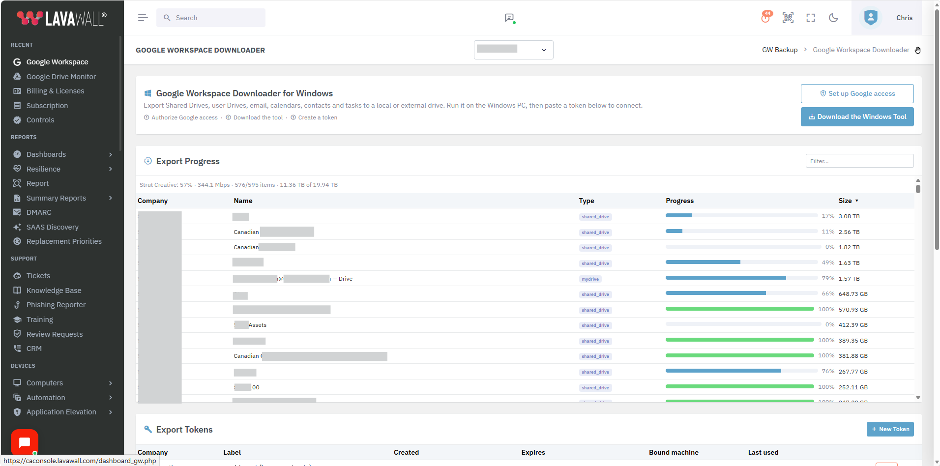 The Lavawall Backup downloader console view showing per-item export progress