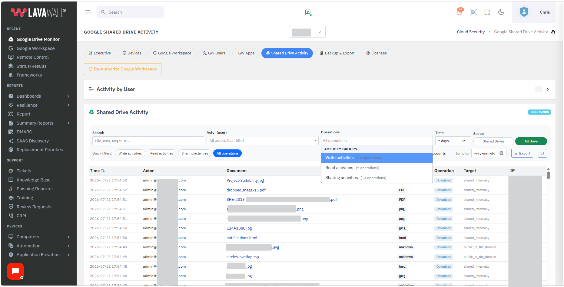 The Google Drive and Shared Drive change feed: file activity with actor, recipient, scope, and endpoint