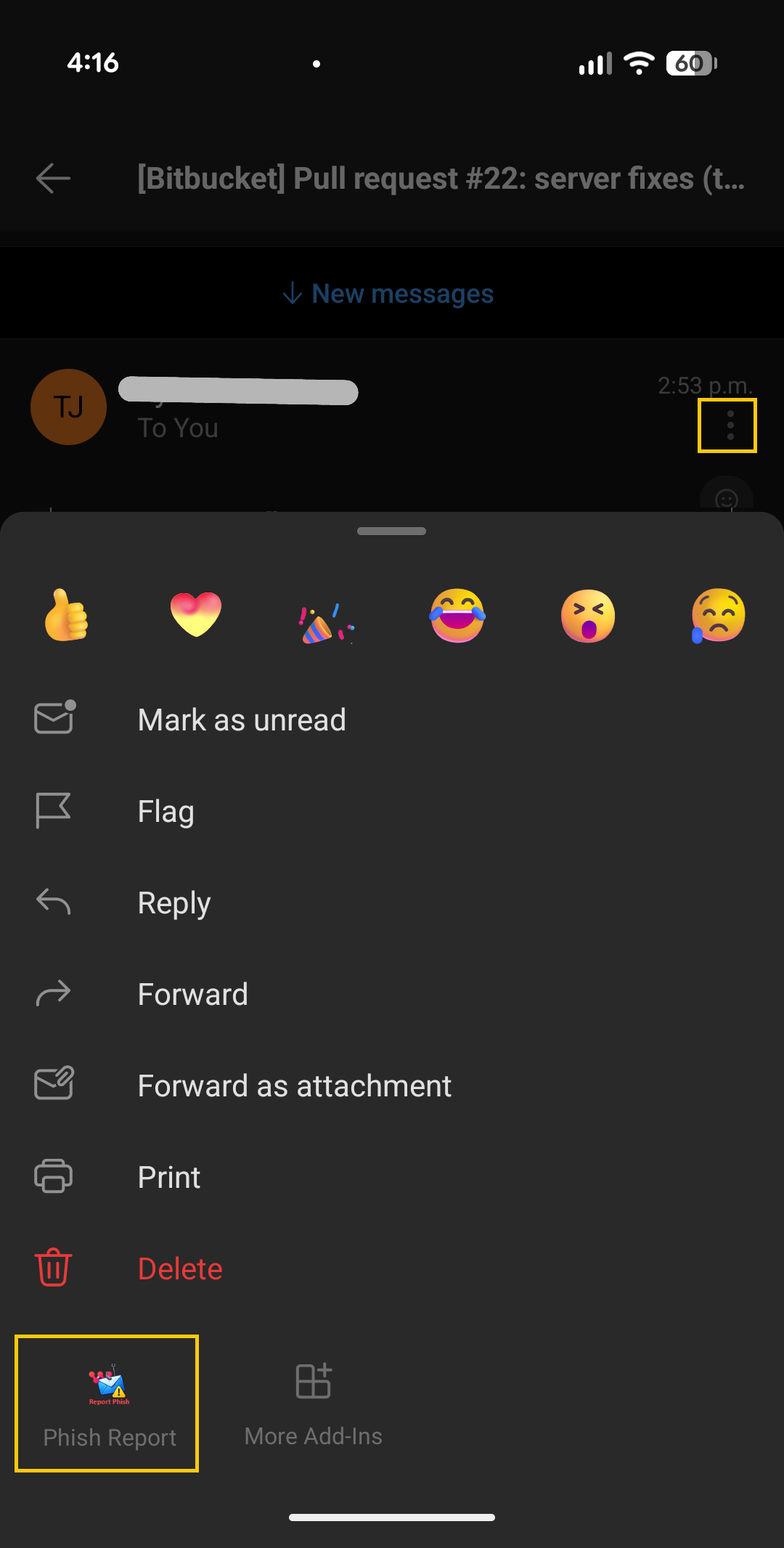 How to open Phish Report on Outlook for Android: tap the three-dot menu beside the sender and choose Phish Report