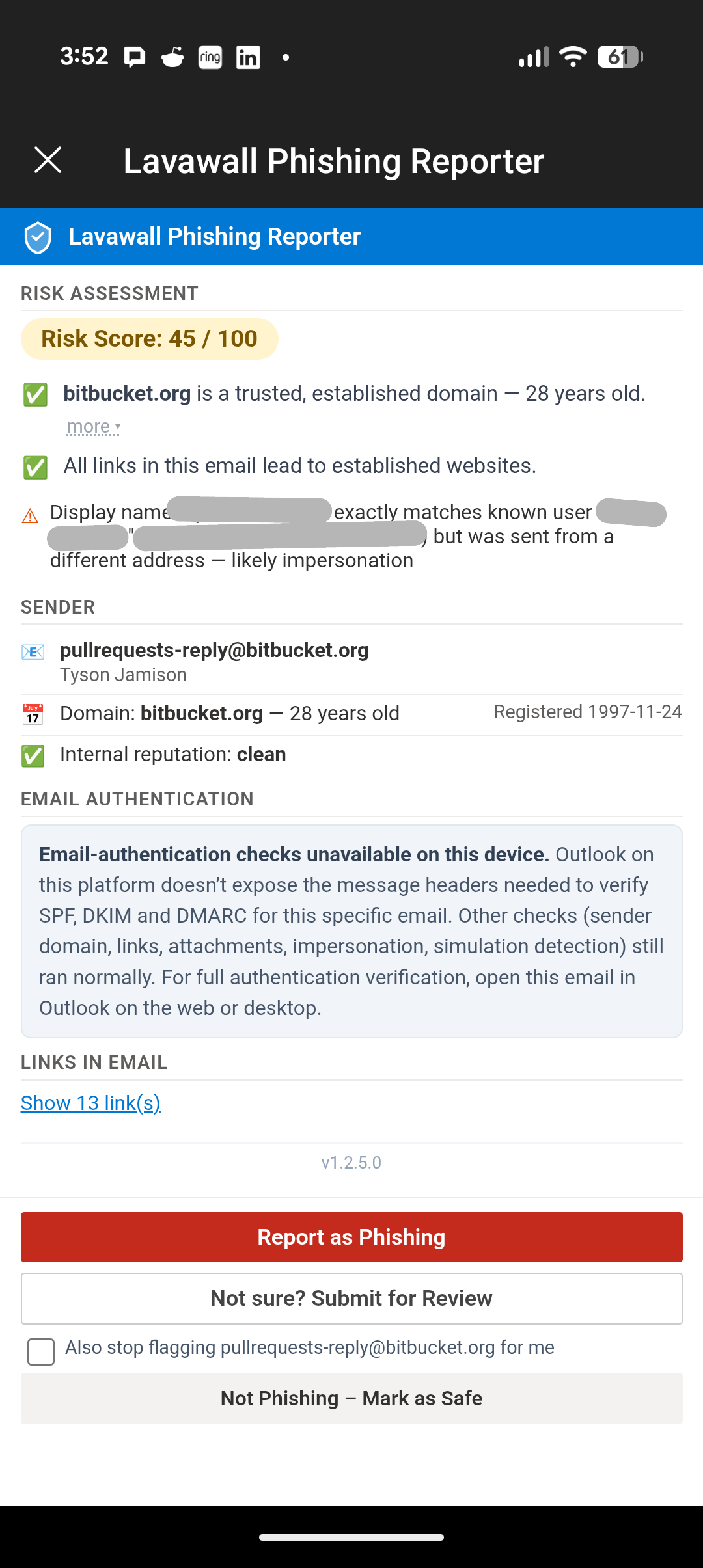 Lavawall Phishing Reporter on Outlook for Android, showing impersonation detection on a Bitbucket pull-request notification