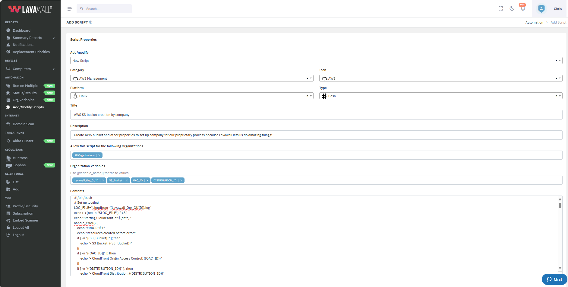 Lavawall® script with organization variables
