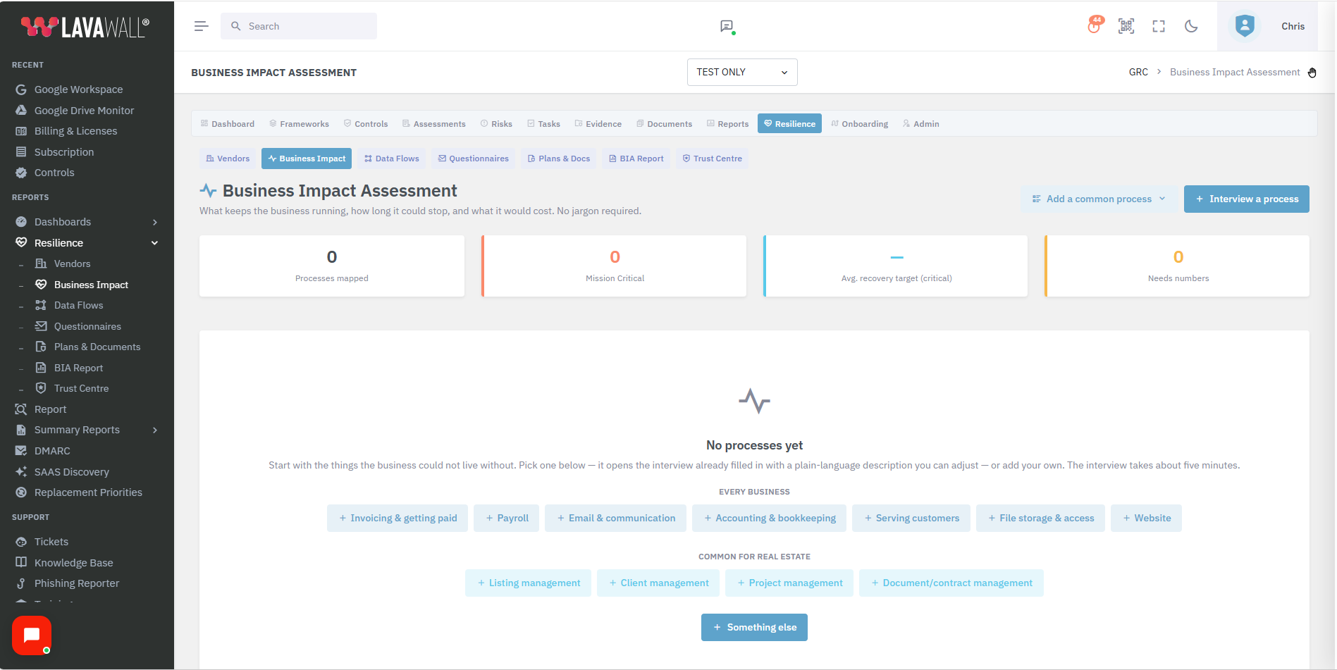 Starting a Business Impact Assessment from built-in templates in Lavawall