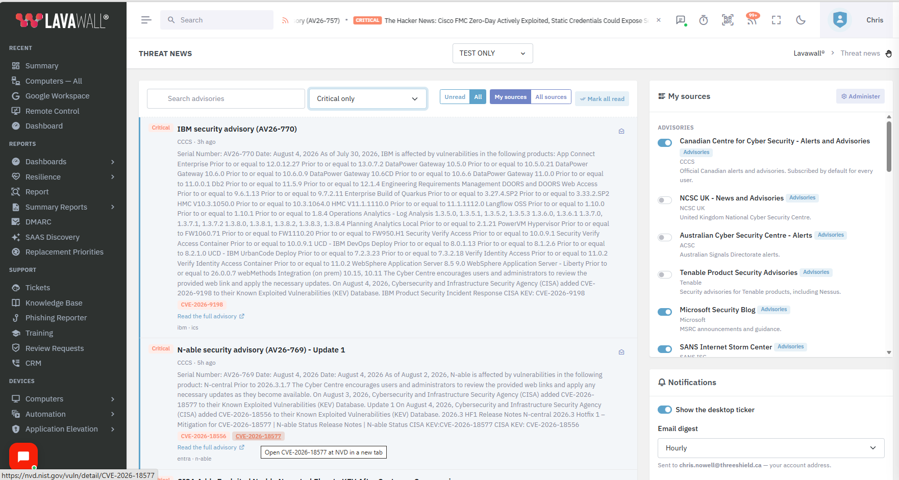 The Lavawall Threat News reader showing critical advisories from IBM, N-able and CISA with a severity filter, source toggles, and a source list on the right