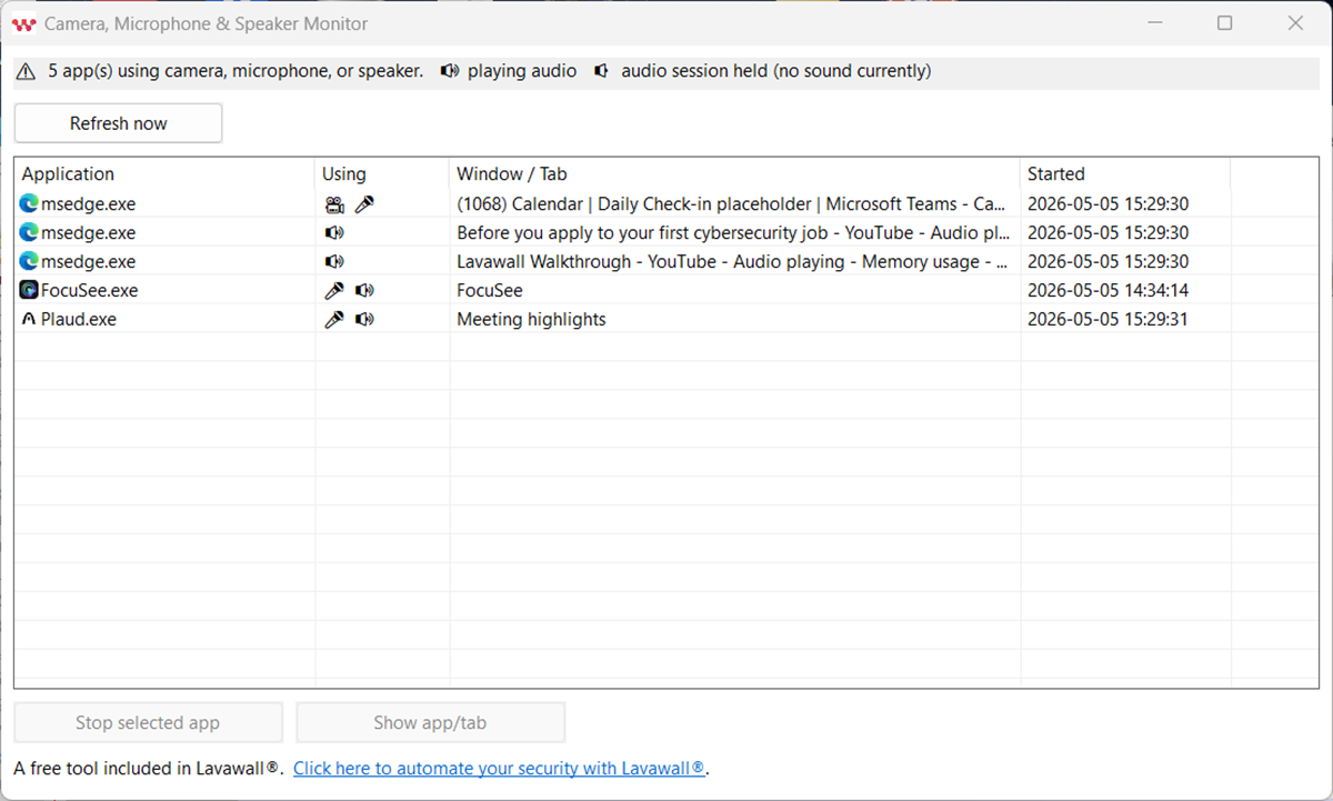 Lavawall Camera, Microphone and Speaker Monitor for Windows screenshot