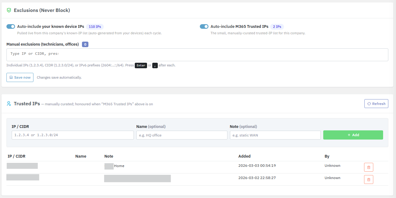 Automatic allow-listing of your own offices and tools so they are never blocked