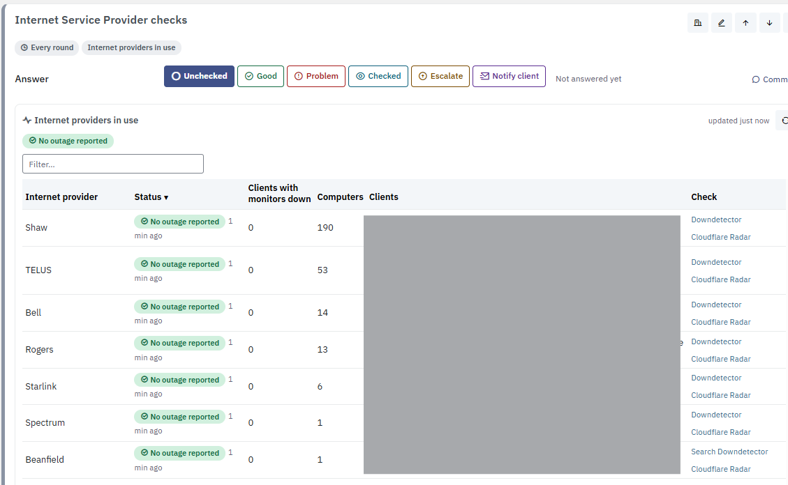 An Internet Service Provider checks table listing Shaw, TELUS, Bell, Rogers, Starlink, Spectrum, and Beanfield, each showing no outage reported, the number of computers on that provider, and Downdetector and Cloudflare Radar links.