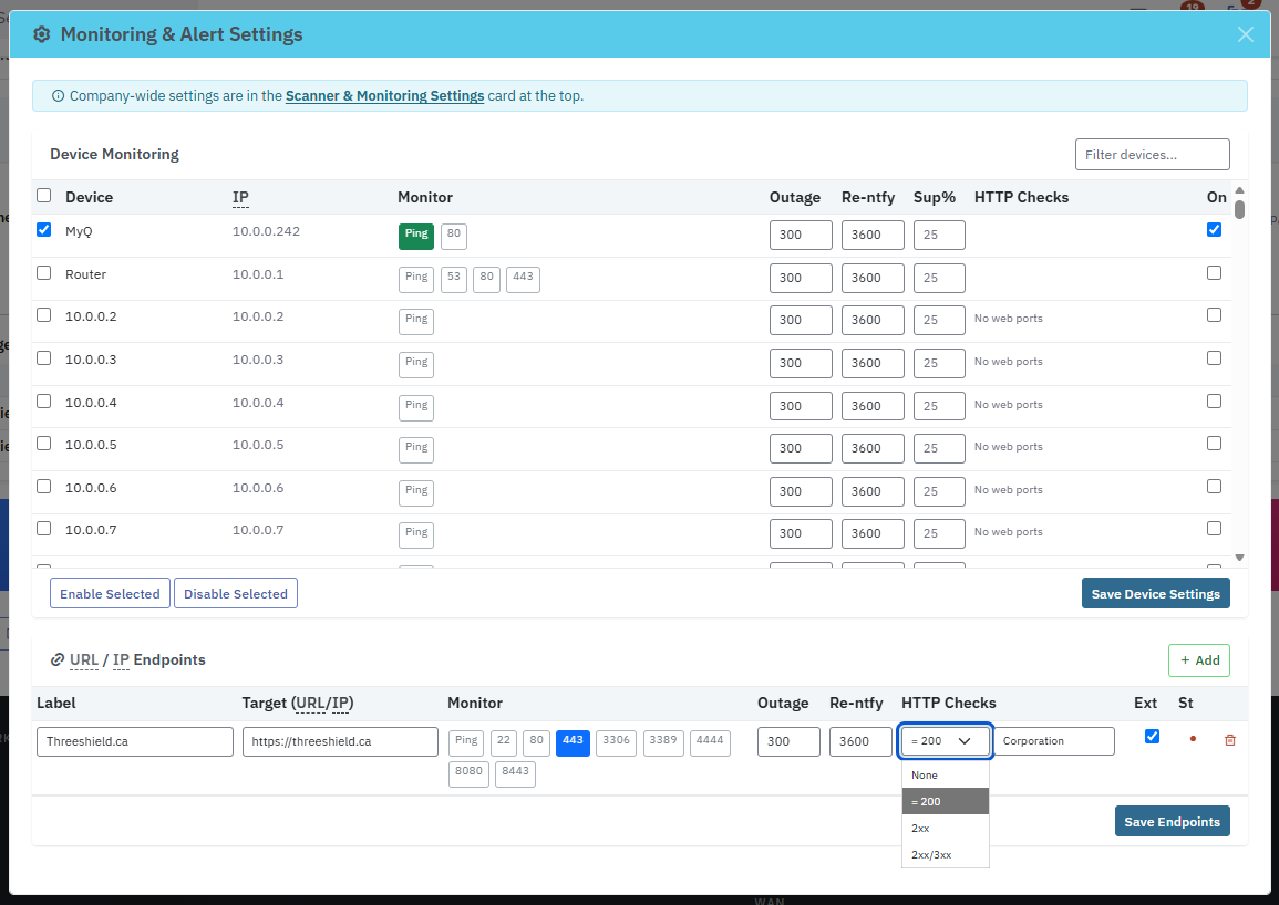 The monitoring and alert settings reached in one click from a monitored service, showing devices, ports monitored, outage and re-notify timing, and HTTP checks.