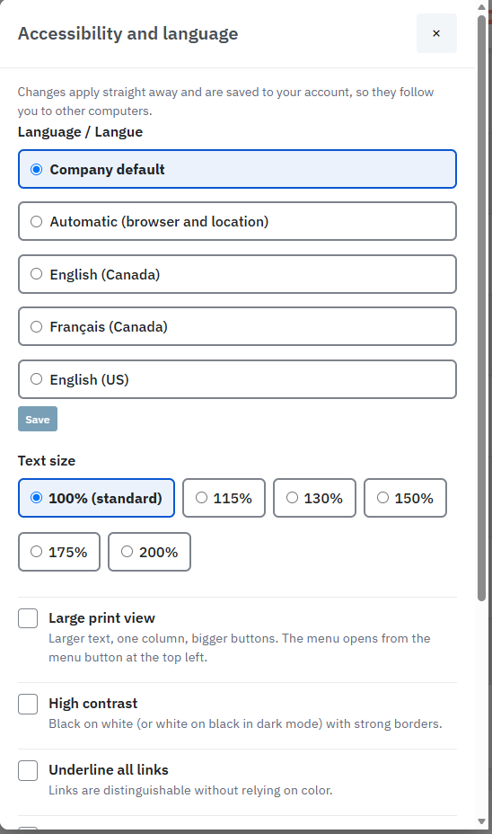 The Accessibility and language dialog. Language / Langue lists Company default, Automatic (browser and location), English (Canada), Français (Canada) and English (US), with a Save button, above the text size and display options.
