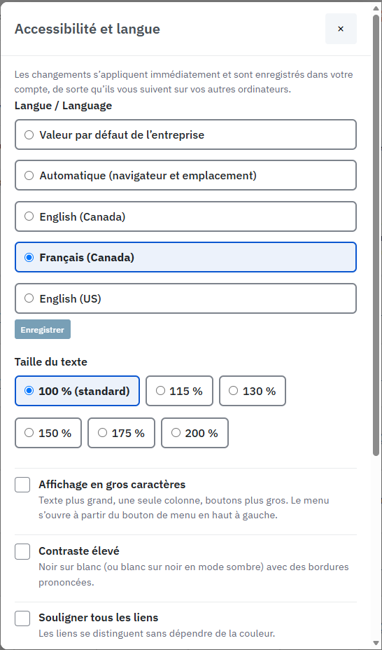 La boîte de dialogue Accessibilité et langue. Langue / Language propose Valeur par défaut de l’entreprise, Automatique (navigateur et emplacement), English (Canada), Français (Canada) et English (US), avec un bouton Enregistrer, au-dessus de la taille du texte et des options d’affichage.