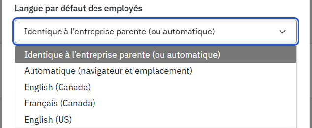 The Default language for employees field, open, in the client edit dialog, shown in French: Same as the parent company (or automatic), Automatic (browser and location), English (Canada), Français (Canada) and English (US).