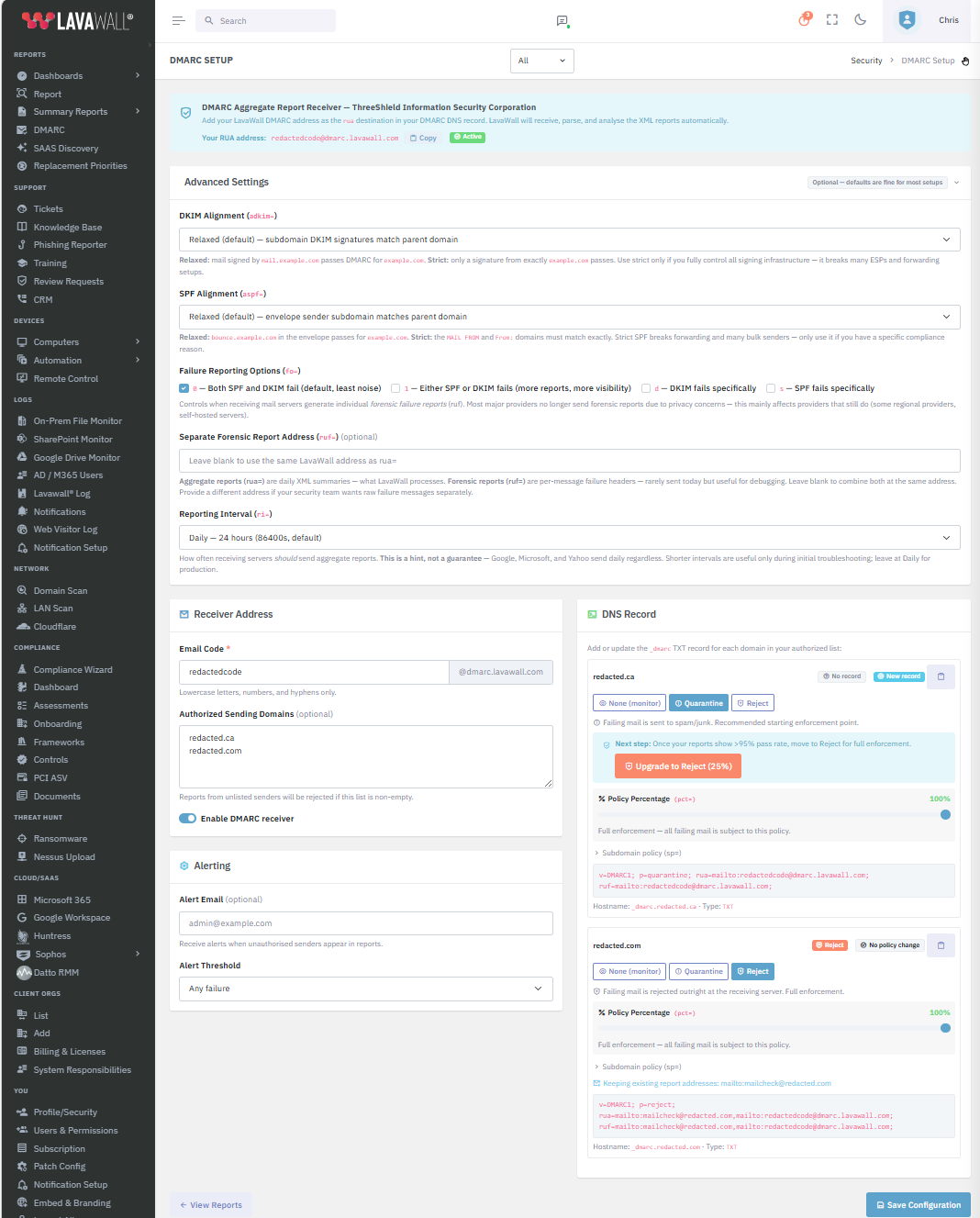 Lavawall DMARC automatic per-domain configuration card