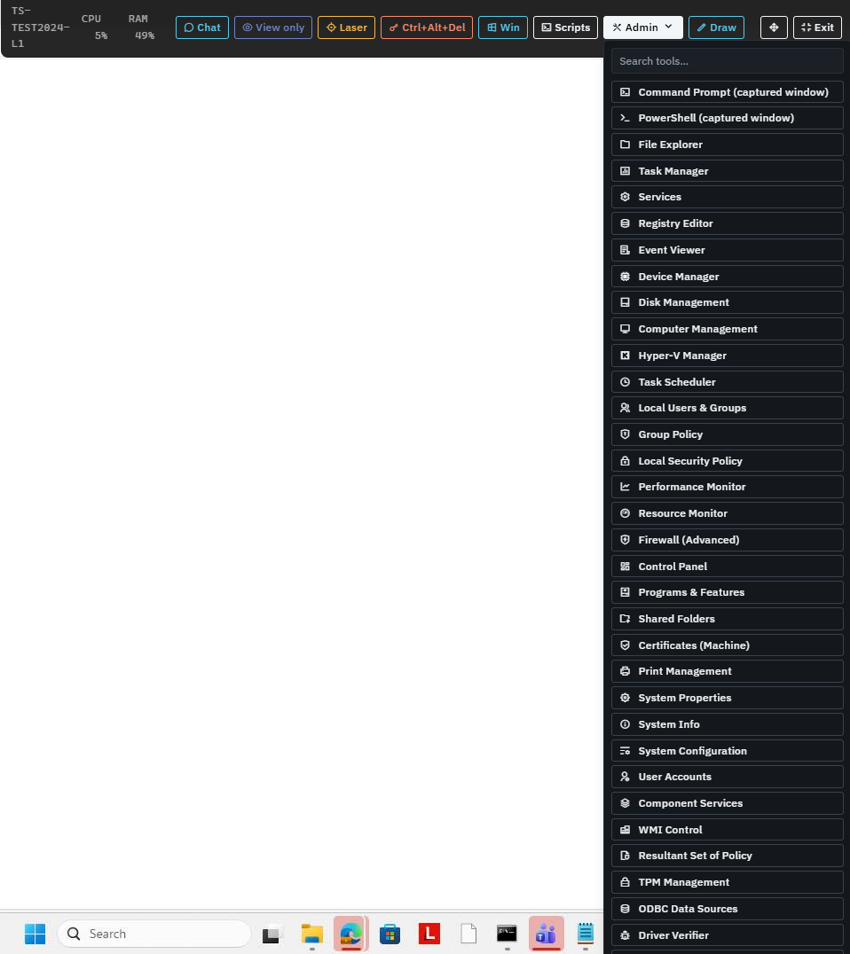 A simple auto-hiding full-screen menu docked to the side with quick access to admin tools and scripts