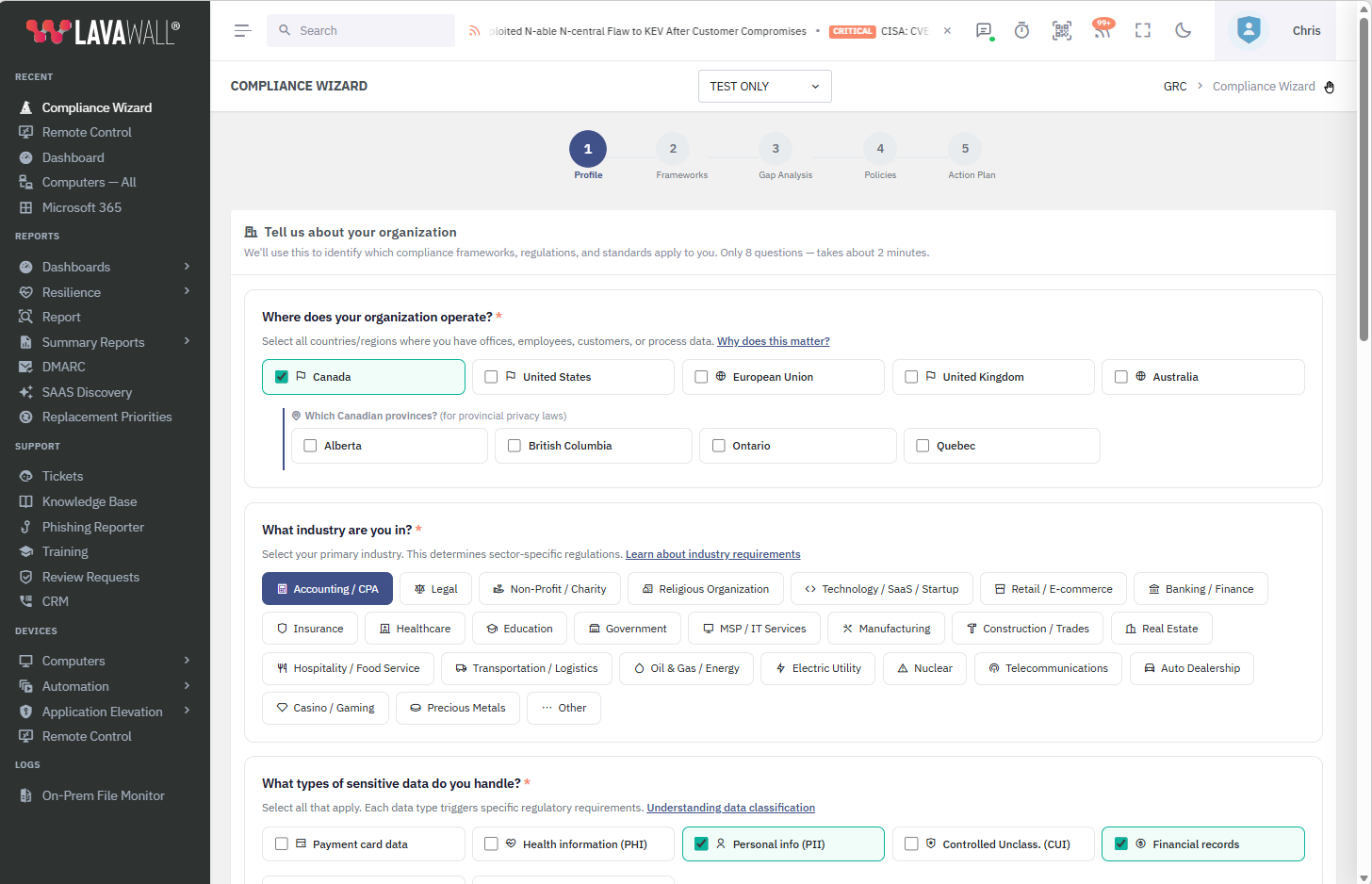The GRC Wizard asking about your business in plain language
