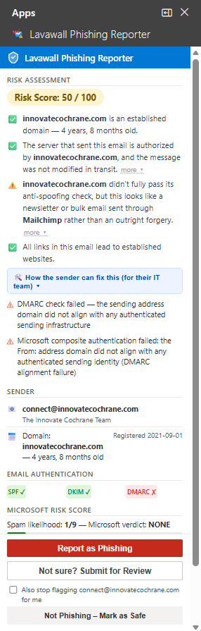 Lavawall Phishing Reporter taskpane showing a DMARC-alignment failure on an email sent through Mailchimp, with platform-specific DNS records that the sender&rsquo;s admin can copy and paste