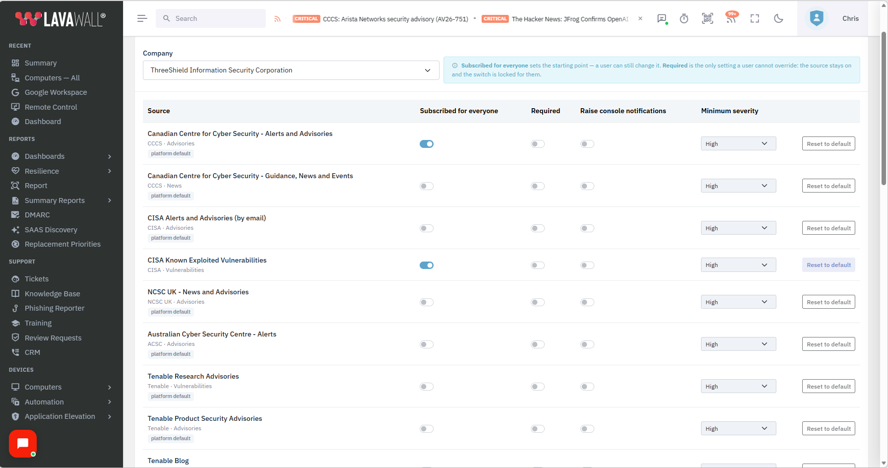 Company-wide advisory subscription defaults in Lavawall: per-source toggles for subscribed-for-everyone, required, console notifications, and minimum severity