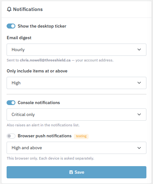 Per-user notification options in Lavawall: desktop ticker toggle, email digest cadence and severity, console notifications, and browser push