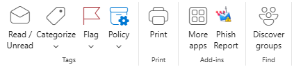 Le ruban d’Outlook avec les groupes Balises, Imprimer et Compléments; Phish Report se trouve dans le groupe Compléments, à côté de Plus d’applications.