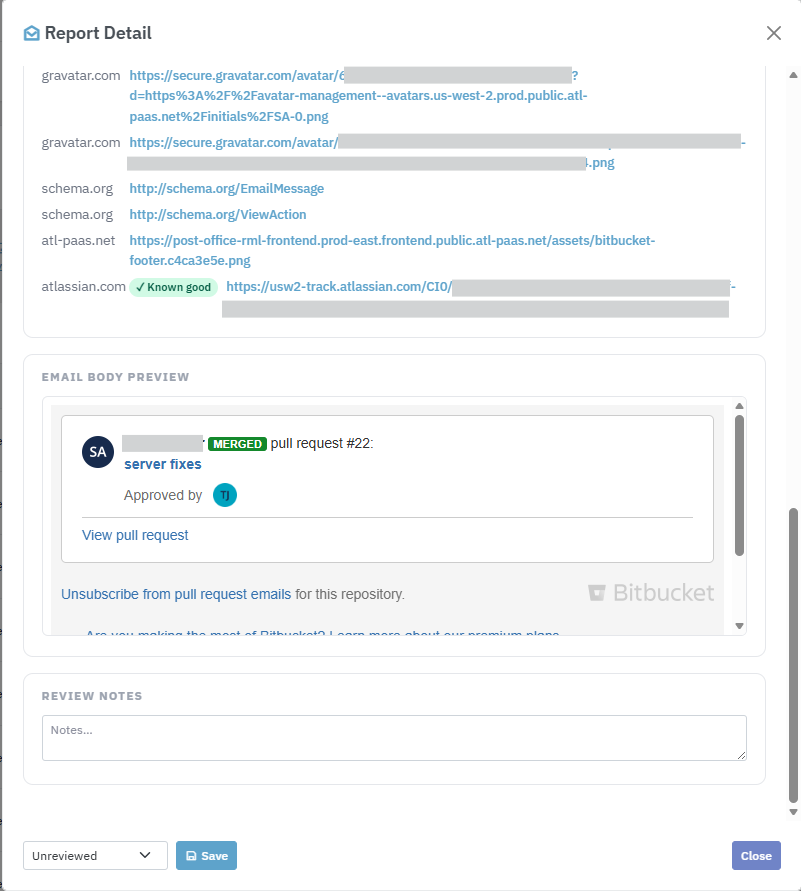 Phishing report detail showing the full context: original headers, link inventory, attachment inventory, raw message body in a sandboxed preview