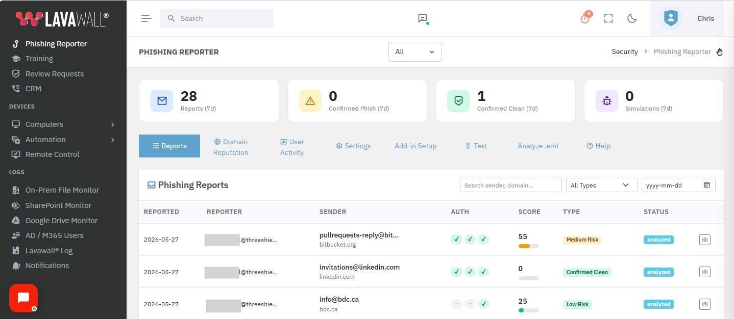 Lavawall admin console showing the list of phishing emails users have reported, with filters, disposition, and triage actions