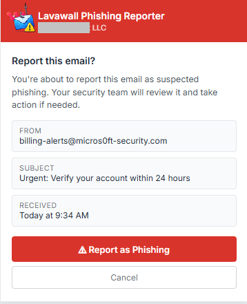 Lavawall phishing reporter taskpane inside Outlook