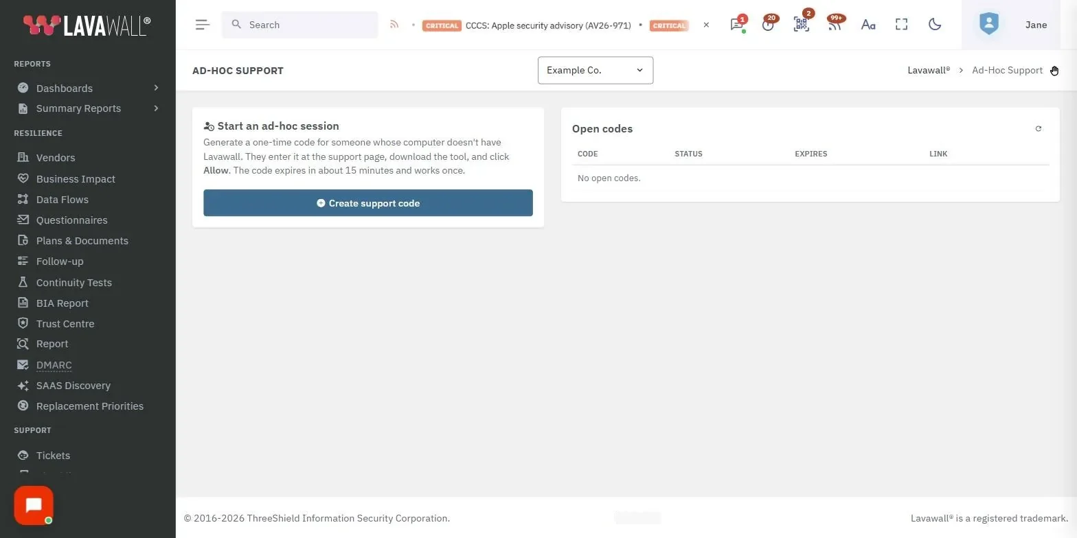 The Ad-Hoc Support page in the Lavawall console, showing the start an ad-hoc session, support code, join link and open codes, with example data.