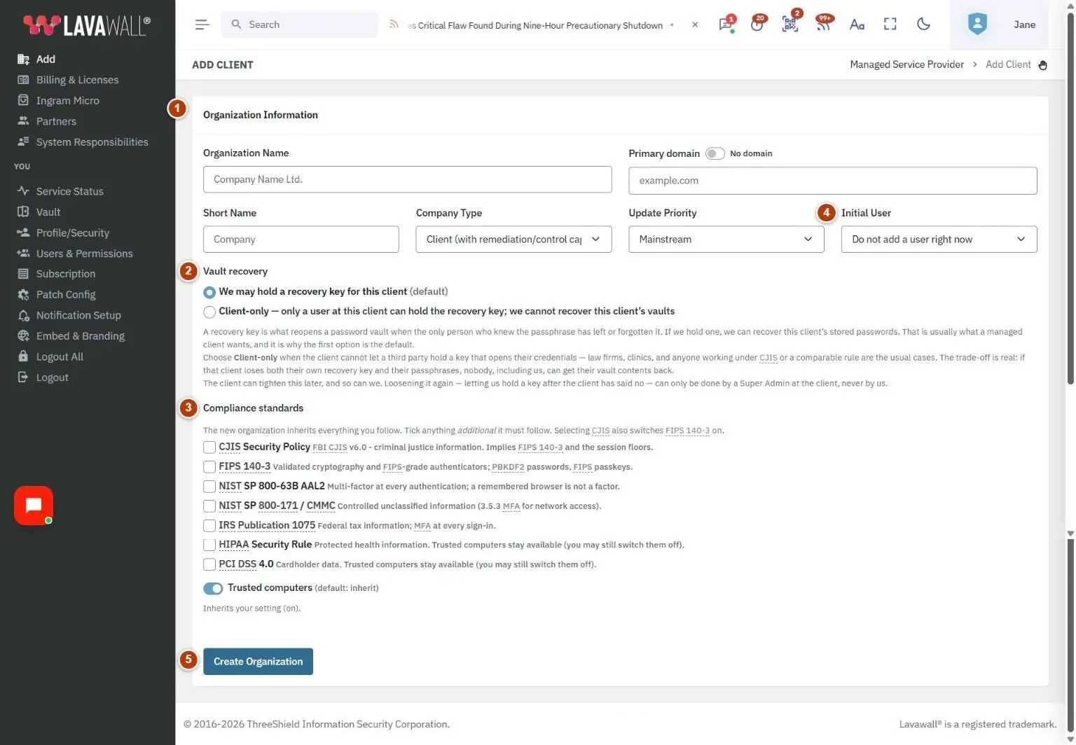 The Add Client page, with the organization information, vault recovery, compliance standards, primary user and create organization numbered 1 to 5.