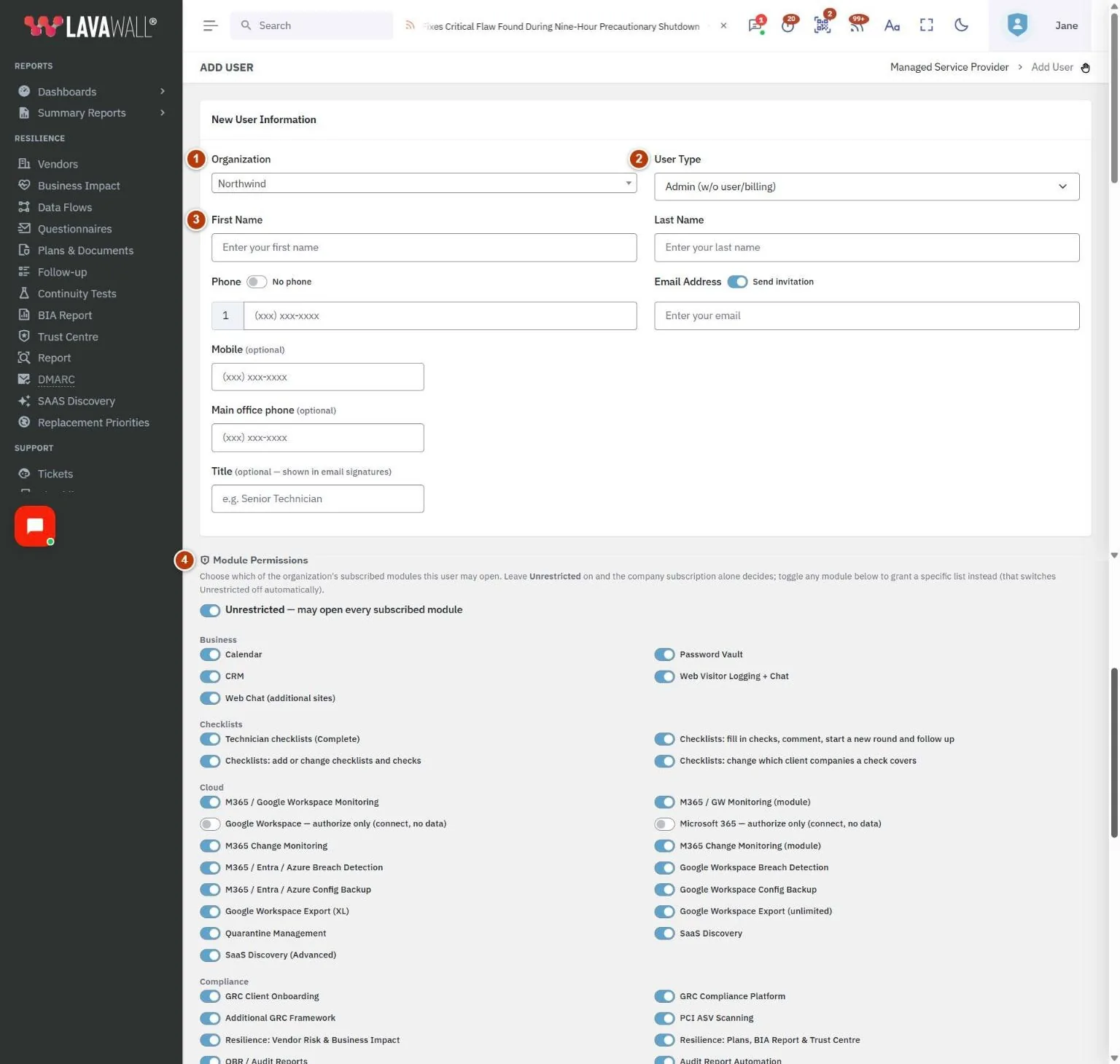 The Add User page, with the organization, user type, name and contact fields, module permissions and create user numbered 1 to 5.