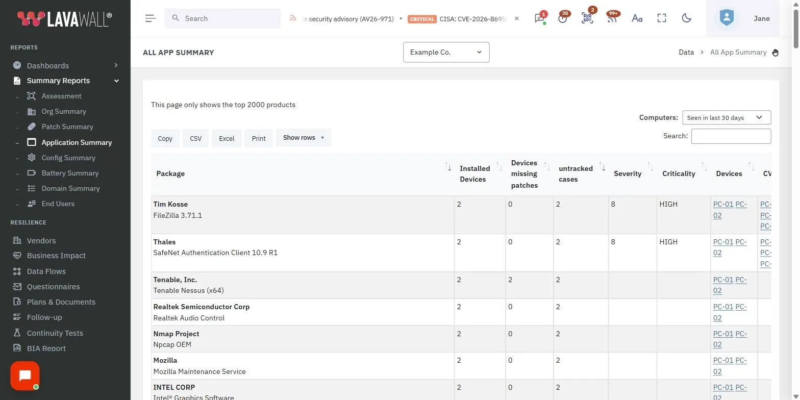 The All App Summary page in the Lavawall console, showing the computers filter, table buttons and search and application table, with example data.