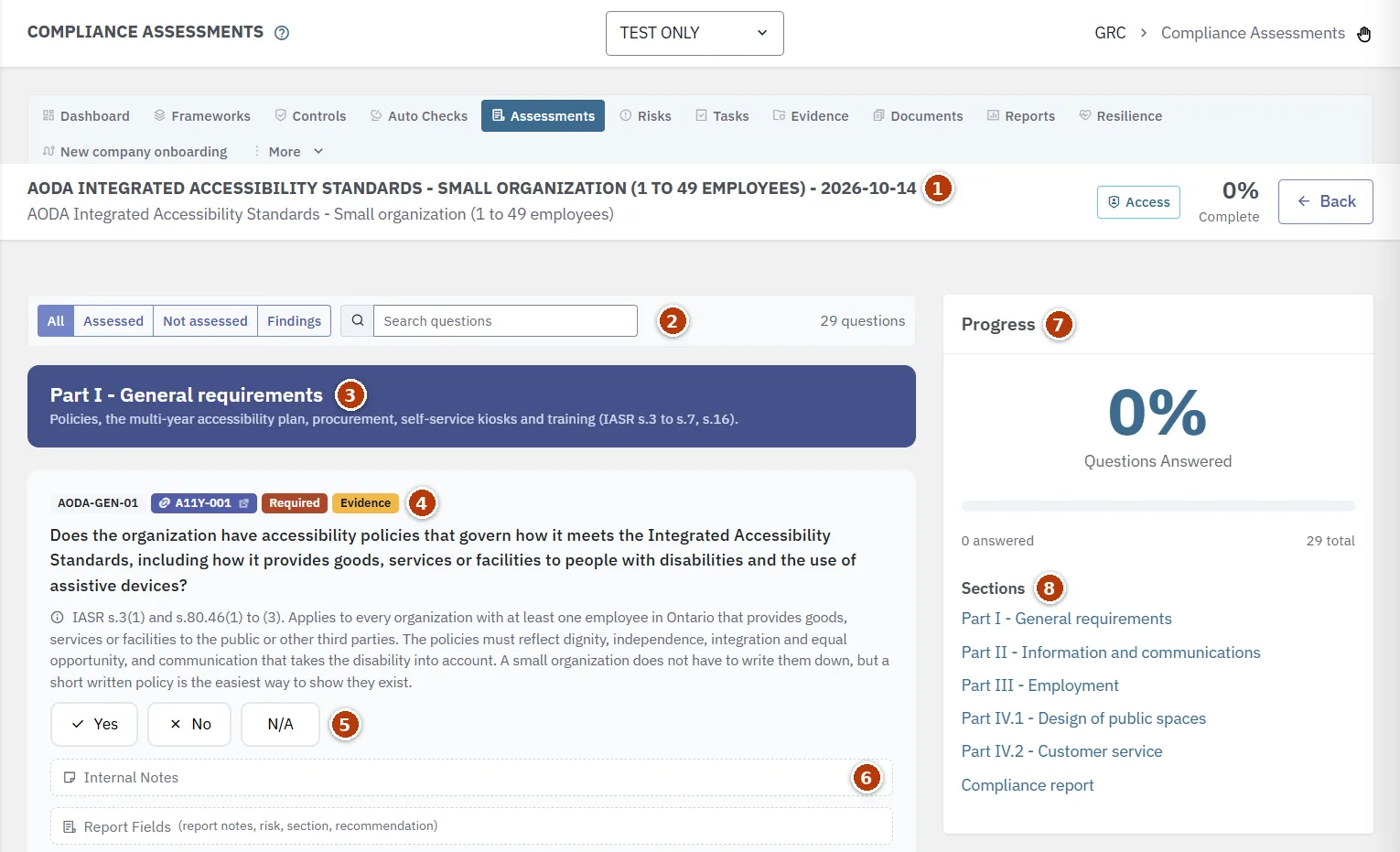 An AODA assessment for a small organization open on the Compliance Assessments page, with the header, question filters, Part I section banner, question tags, answer buttons, notes and report fields, progress panel and section list numbered 1 to 8.
