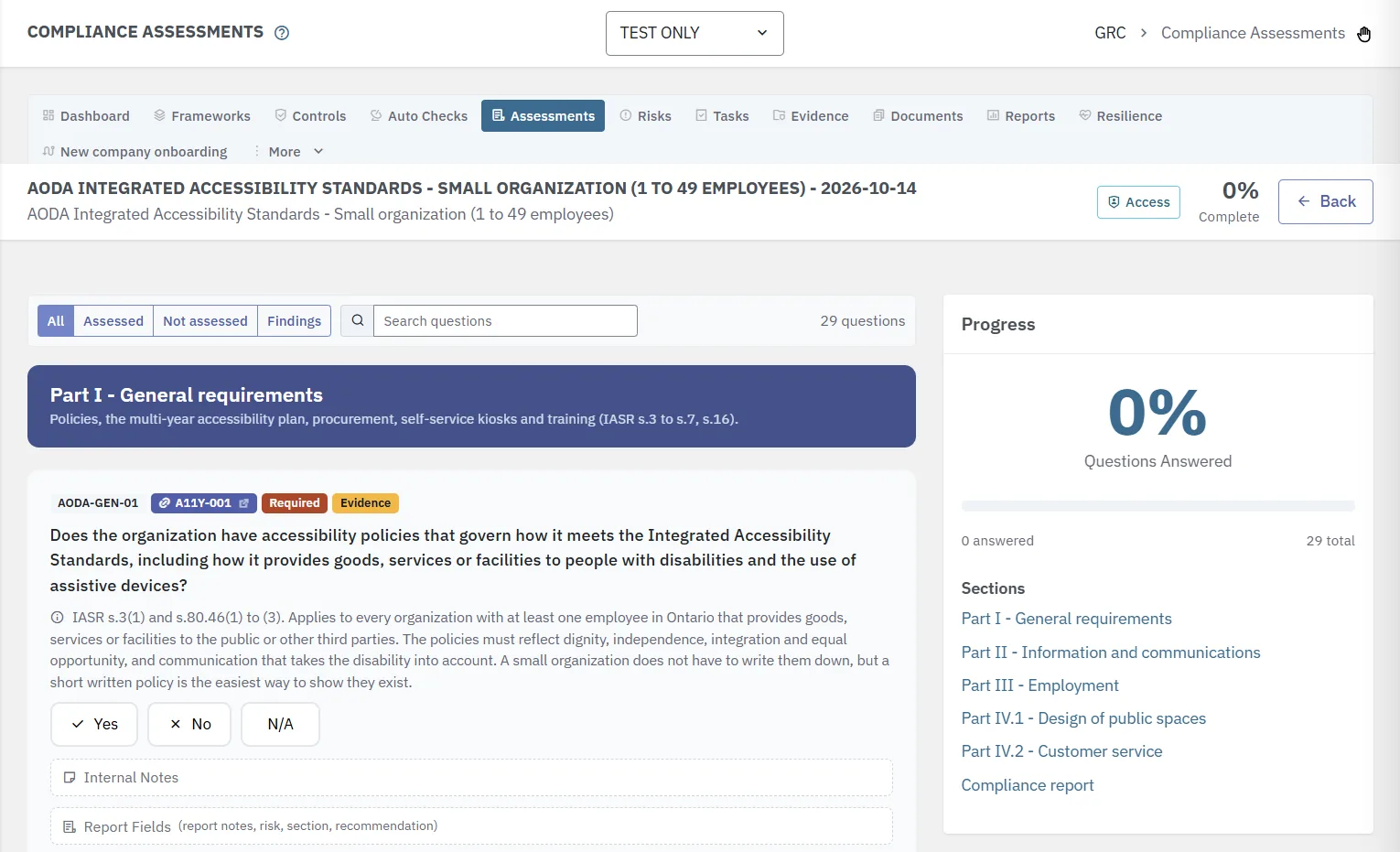 An Ontario AODA assessment for a small organization in Lavawall: a Part I question on accessibility policies with Yes, No and N/A buttons, and a progress panel listing the six sections, from Part I to the compliance report.