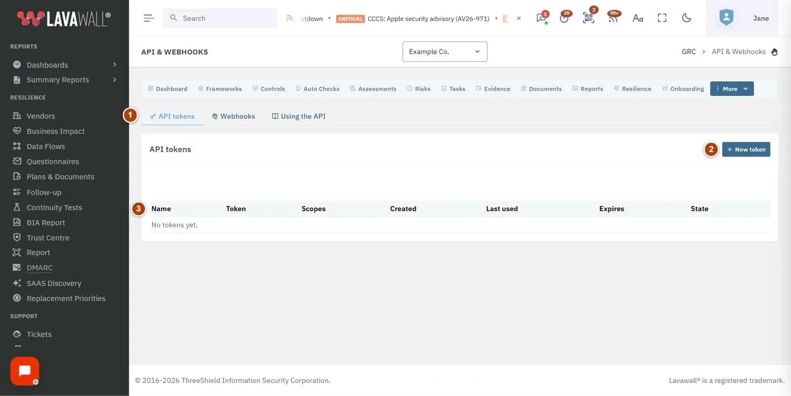 The Compliance API & Webhooks page, with the tabs, new token / new webhook, tokens and webhooks tables and webhook editor numbered 1 to 4.