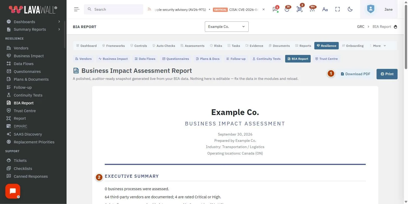 The BIA Report page, with the toolbar, report header and executive summary, business processes & recovery objectives, critical & high-risk vendors, continuity testing and gaps & recommendations numbered 1 to 6.