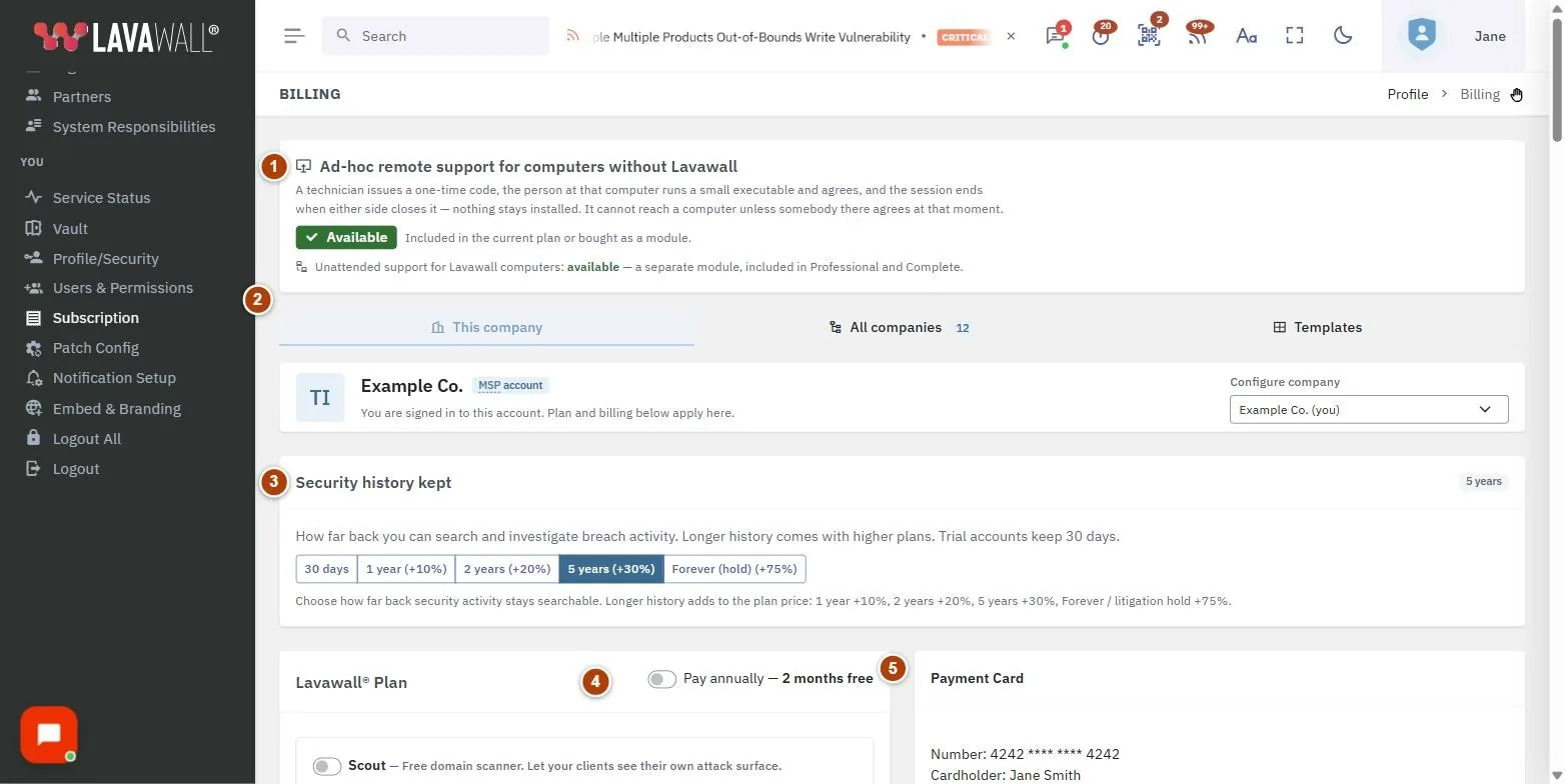 The Subscription and Billing page, with the tabs, notices, ad-hoc remote support, security history kept, lavawall plan, individual services, current investment, payment card, payments and organization profile numbered 1 to 10.