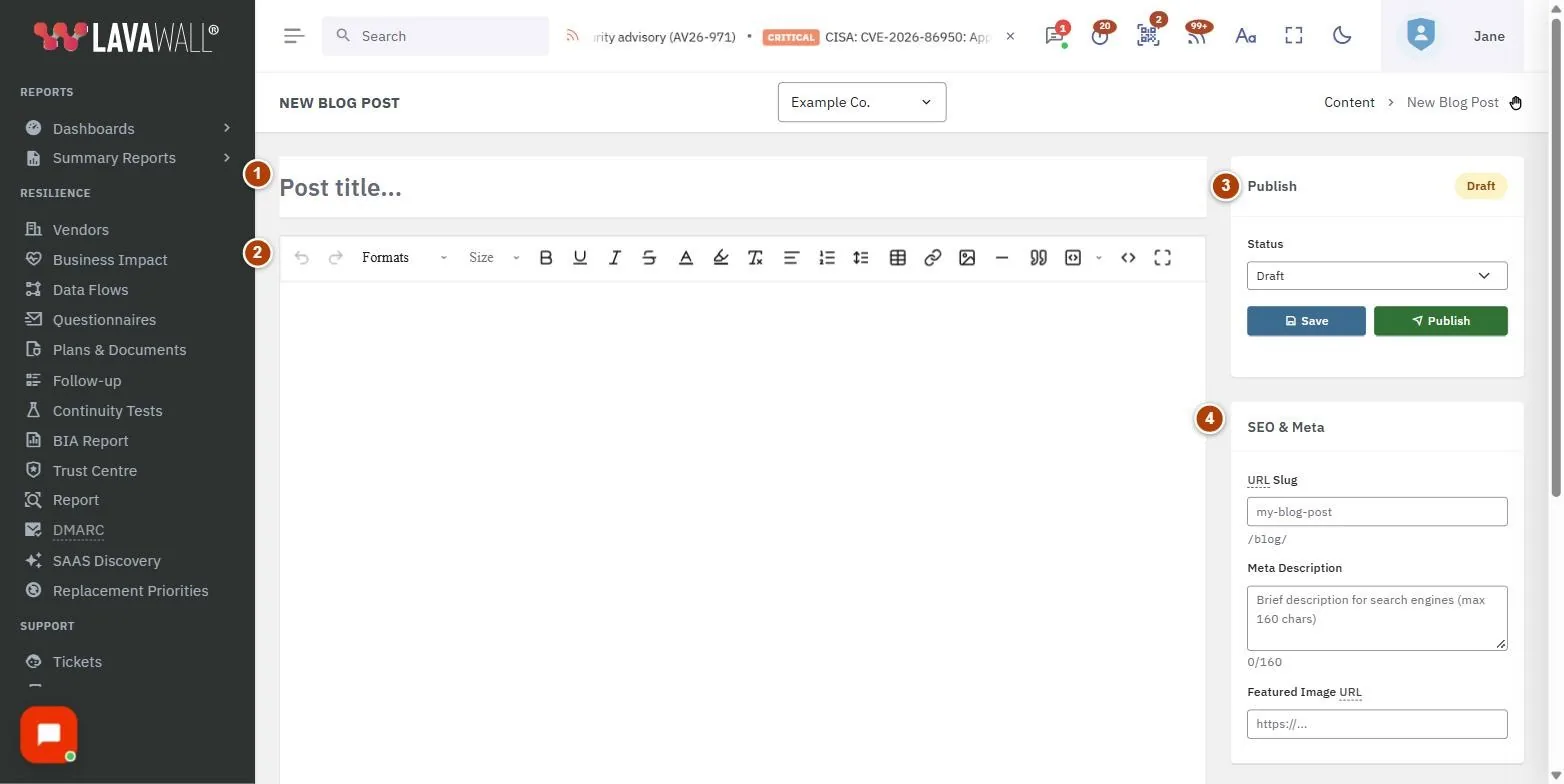 The Blog Editor page, with the post title, body editor, publish, seo & meta, options and actions numbered 1 to 6.