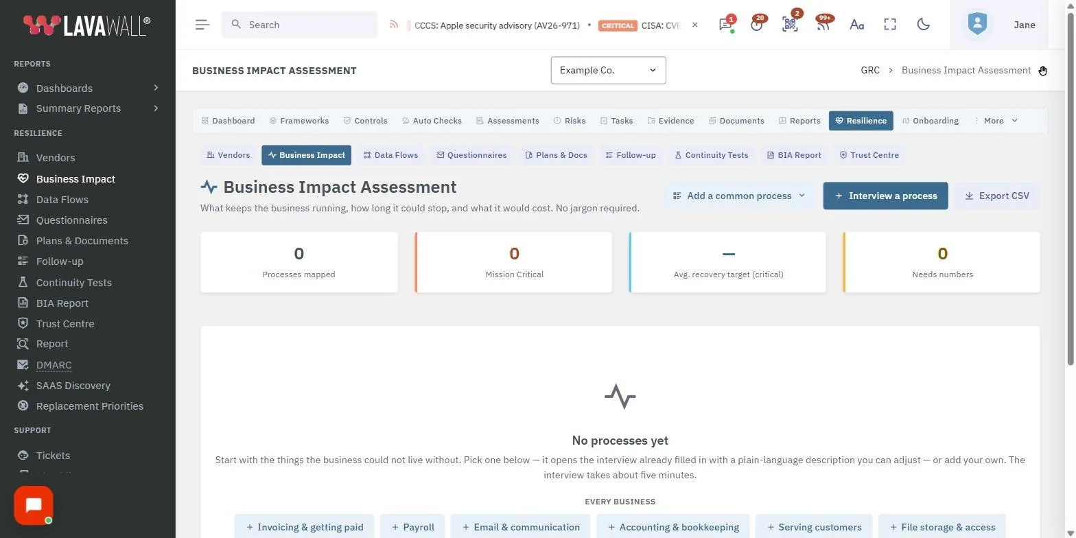 La page Analyse des répercussions sur les activités de la console Lavawall, qui présente les tuiles sommaires, la barre d’outils, le tableau des processus et les actions par ligne, avec des données d’exemple.