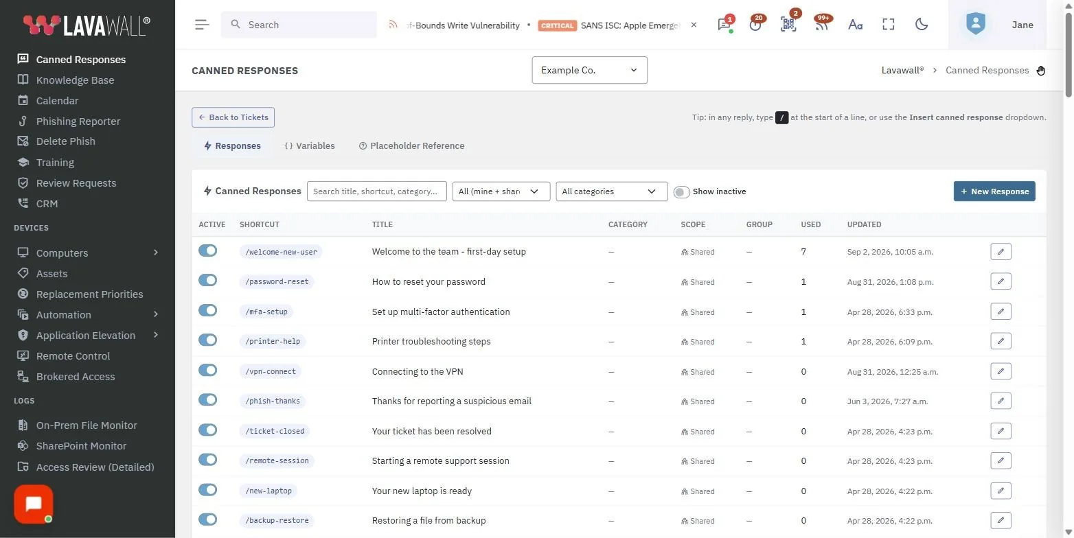 The Canned Responses page in the Lavawall console, showing the tabs, responses list, custom placeholders and built-in placeholders, with example data.