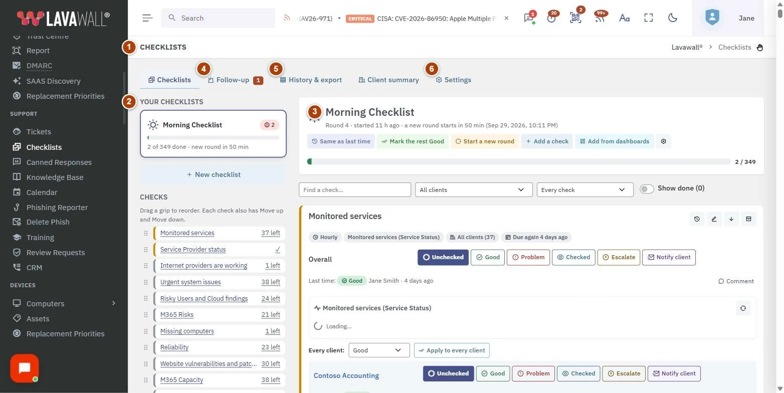 The Checklists page, with the tabs, your checklists, open checklist, follow-up, history & export and settings numbered 1 to 6.