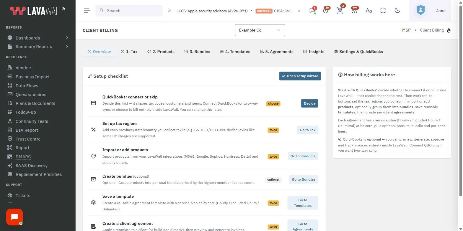 The Client Billing page in the Lavawall console, showing the client banner, tabs, setup checklist and how billing works here, with example data.