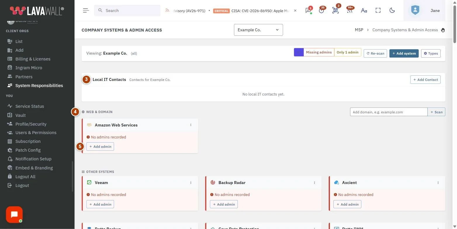 The Company Systems & Admin Access page, with the toolbar, administrator coverage summary, local it contacts, web & domain and system cards numbered 1 to 5.