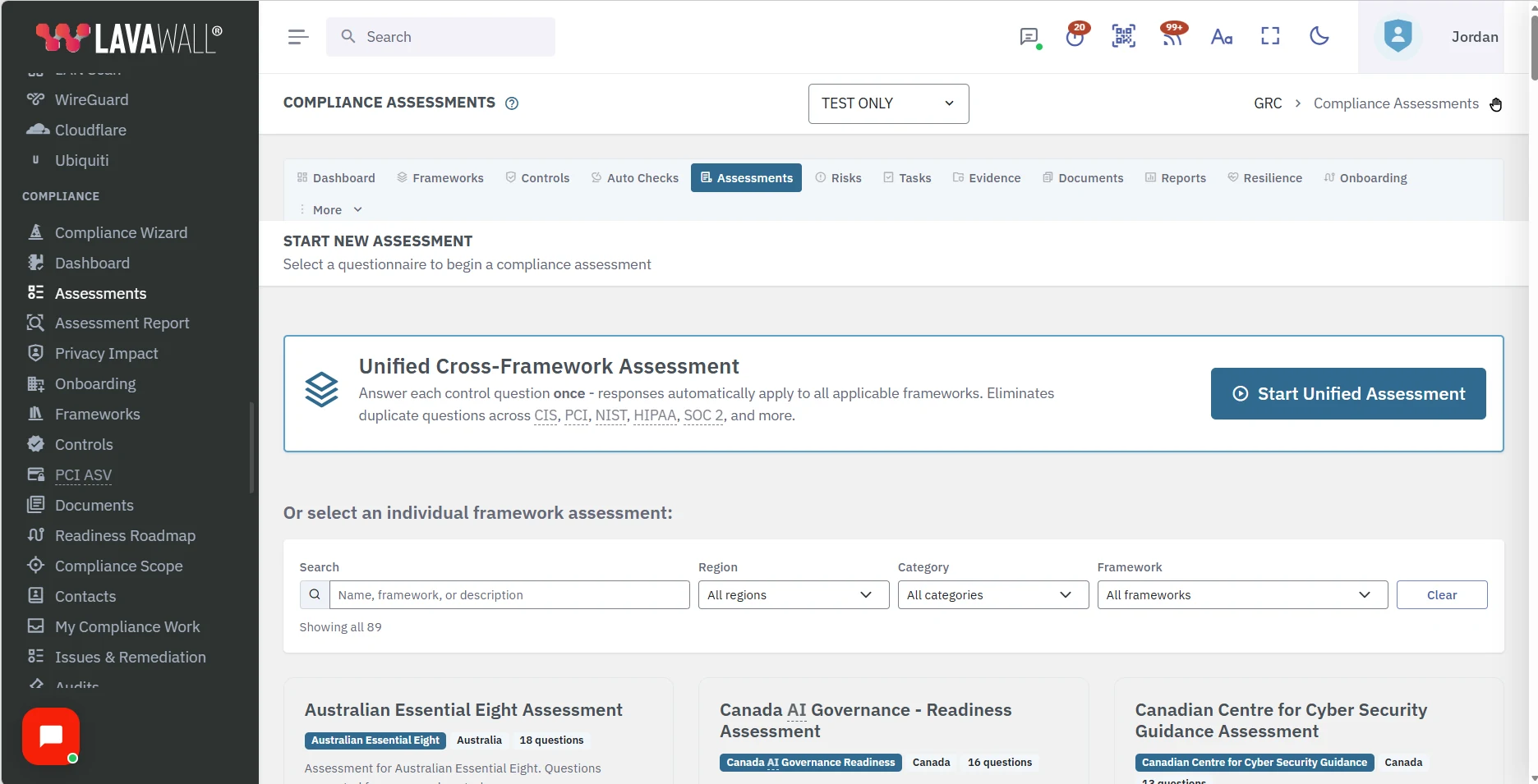The Compliance Assessments page, with Start Unified Assessment above a searchable list of framework assessments.