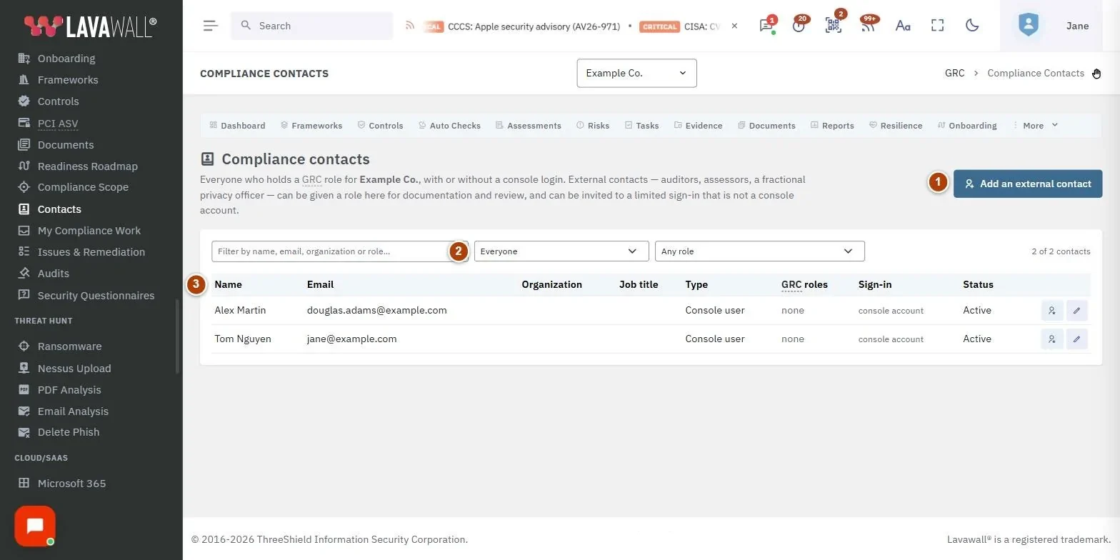 The Compliance Contacts page, with the add an external contact, filters, contacts table and row actions numbered 1 to 4.