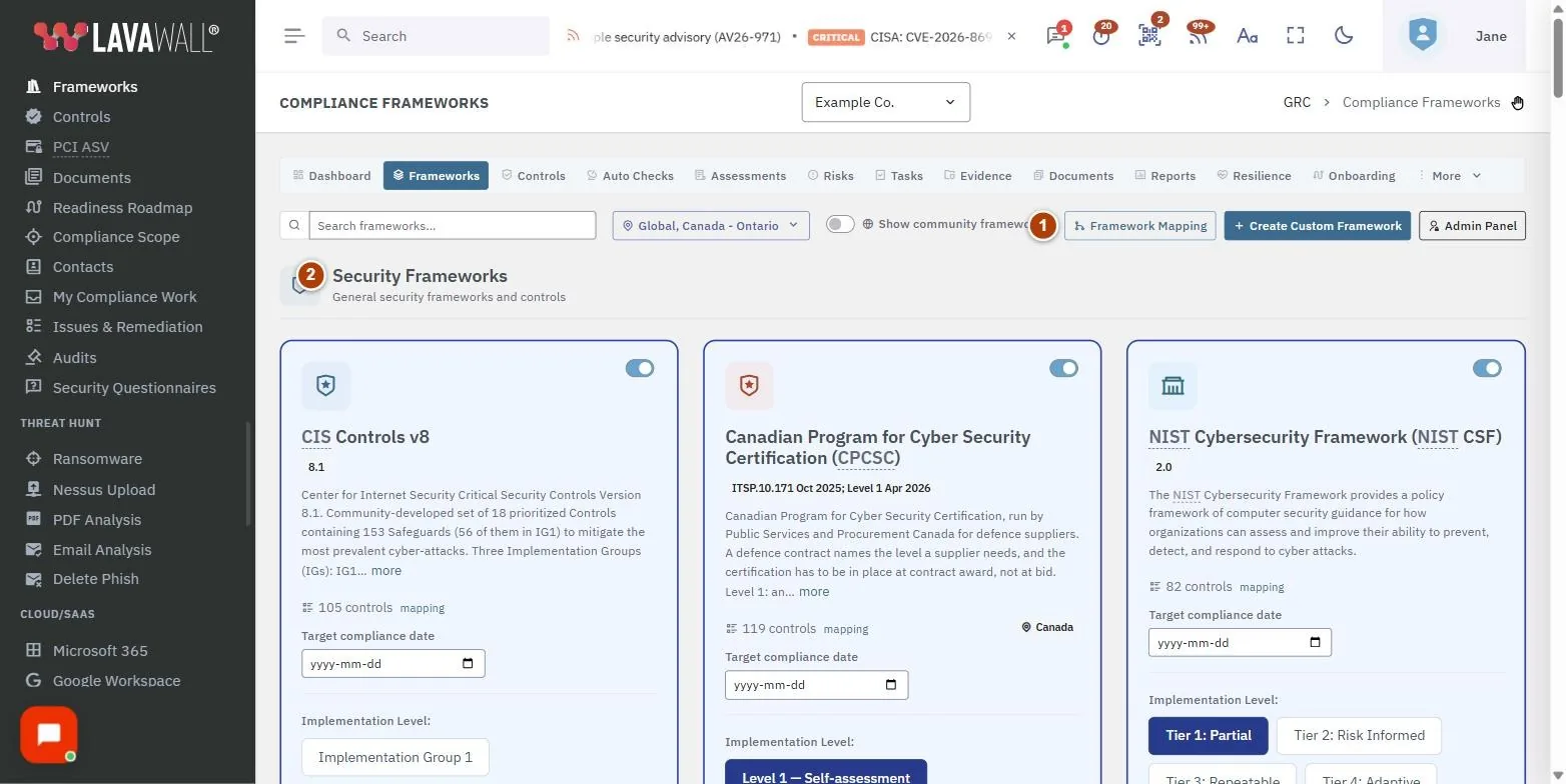 The Compliance Frameworks page, with the toolbar, category sections, framework cards, options on an enabled card and create custom framework dialog numbered 1 to 5.