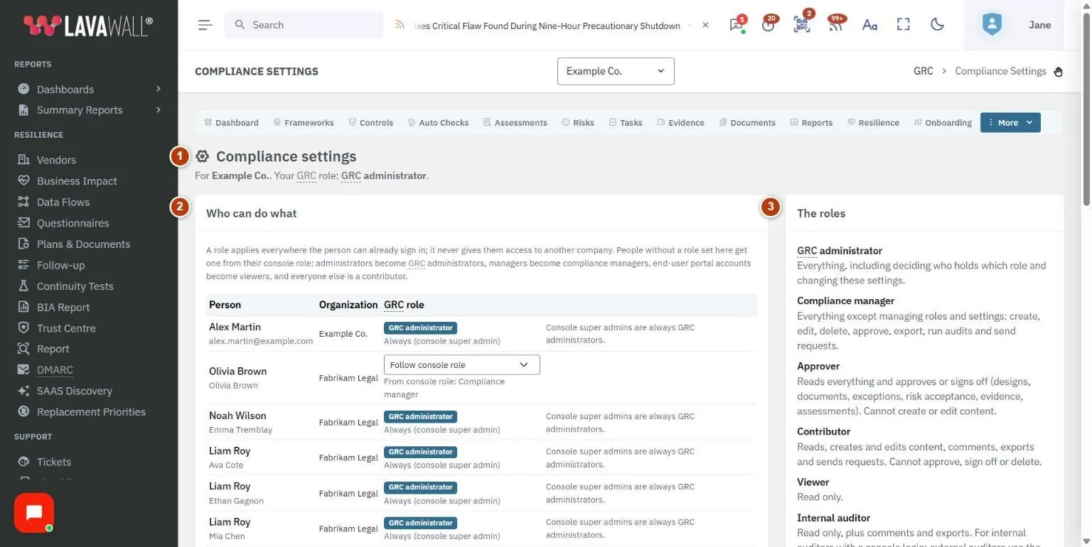 The Compliance Settings page, with the header, who can do what, the roles, company settings and save settings numbered 1 to 5.