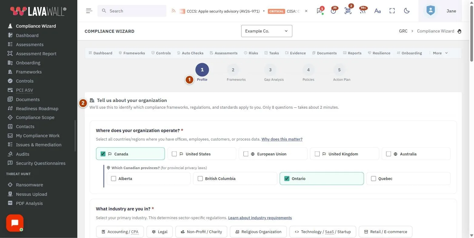 The Compliance Wizard page, with the step indicator, tell us about your organization, your applicable frameworks, gap analysis, policy & document generation and prioritized remediation plan numbered 1 to 6.