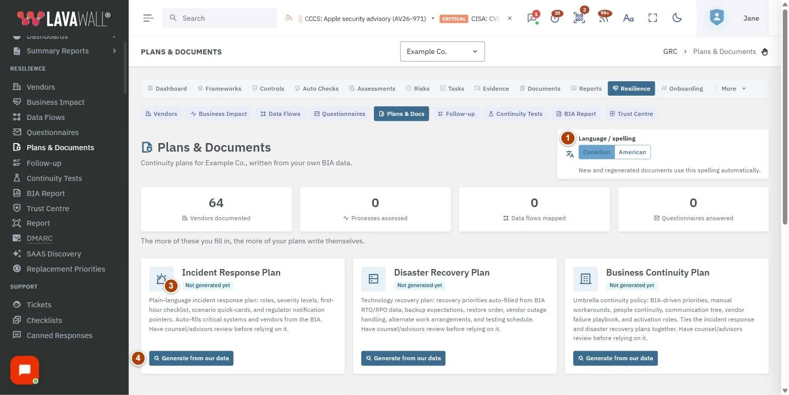 The Plans & Documents page, with the language / spelling, progress tiles, document cards, card buttons and privacy policy (industry pack) numbered 1 to 5.