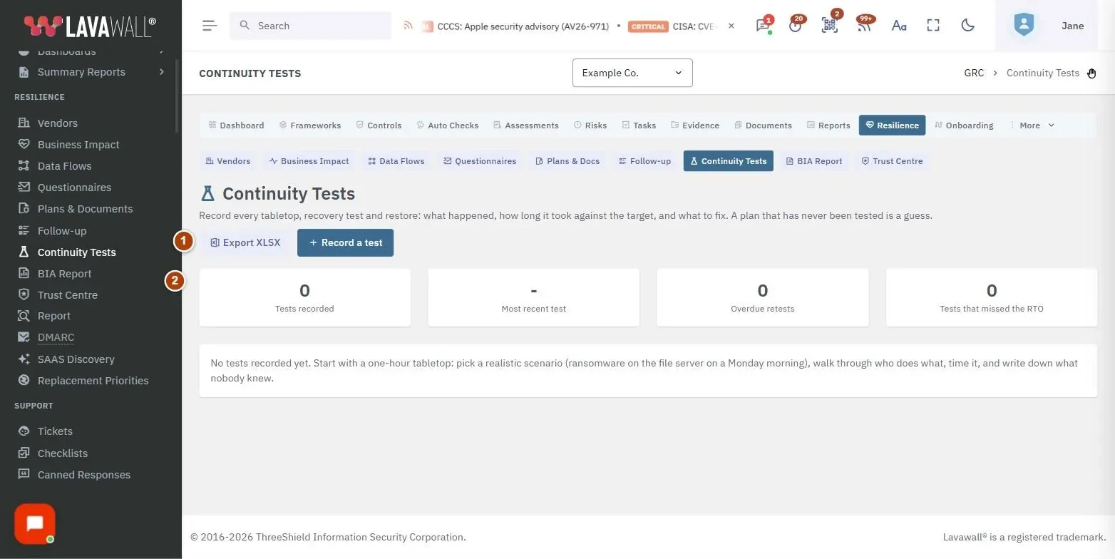 The Continuity Tests page, with the toolbar, summary tiles, untested processes notice, test table and record a test numbered 1 to 5.