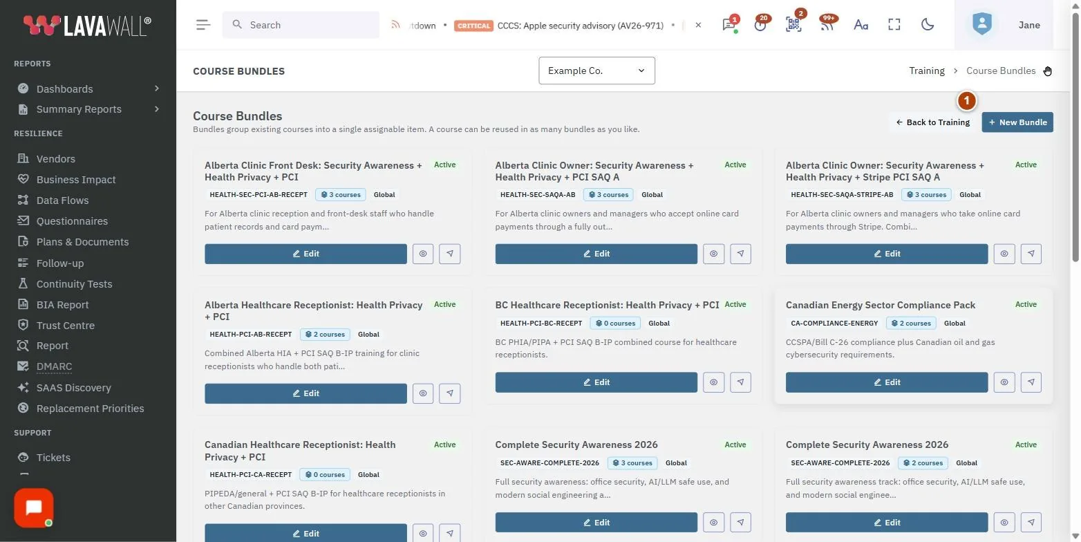 The Course Bundles page, with the course bundles, bundle cards, bundle details, courses in this bundle, add courses and editor buttons numbered 1 to 6.