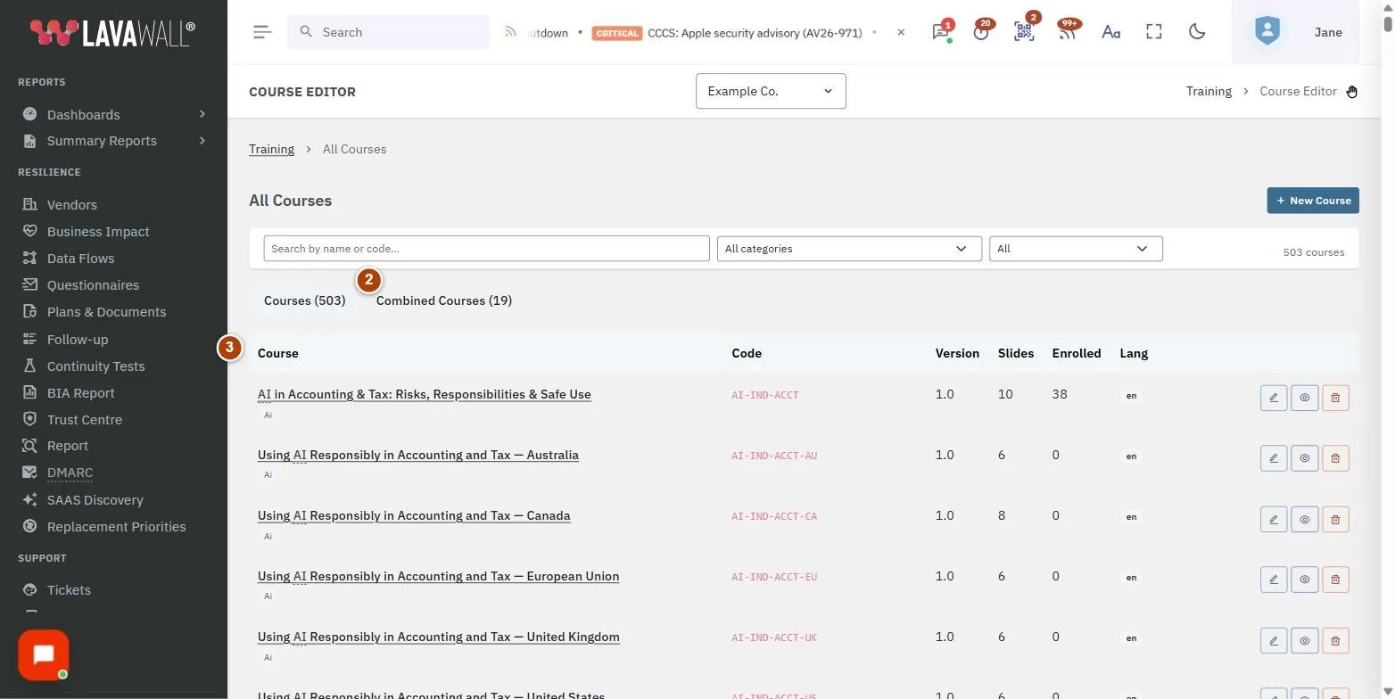 The Course Editor page, with the search and filters, tabs, courses table, course settings, course translations and slides numbered 1 to 6.
